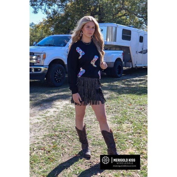 Made for Sparklin' Long Sleeve Sequin Boots Tee - Picture 5 of 8